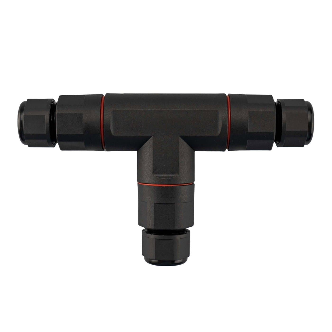 Black T-shaped waterproof electrical connector with red accents, featuring three cylindrical ends for cable connections.