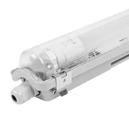 Close-up of a white LED tube light with a protective casing and a connector at one end, designed for energy-efficient indoor lighting.