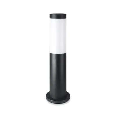 A modern, cylindrical outdoor lamp with a black base and a white frosted top, designed for pathway or garden lighting.